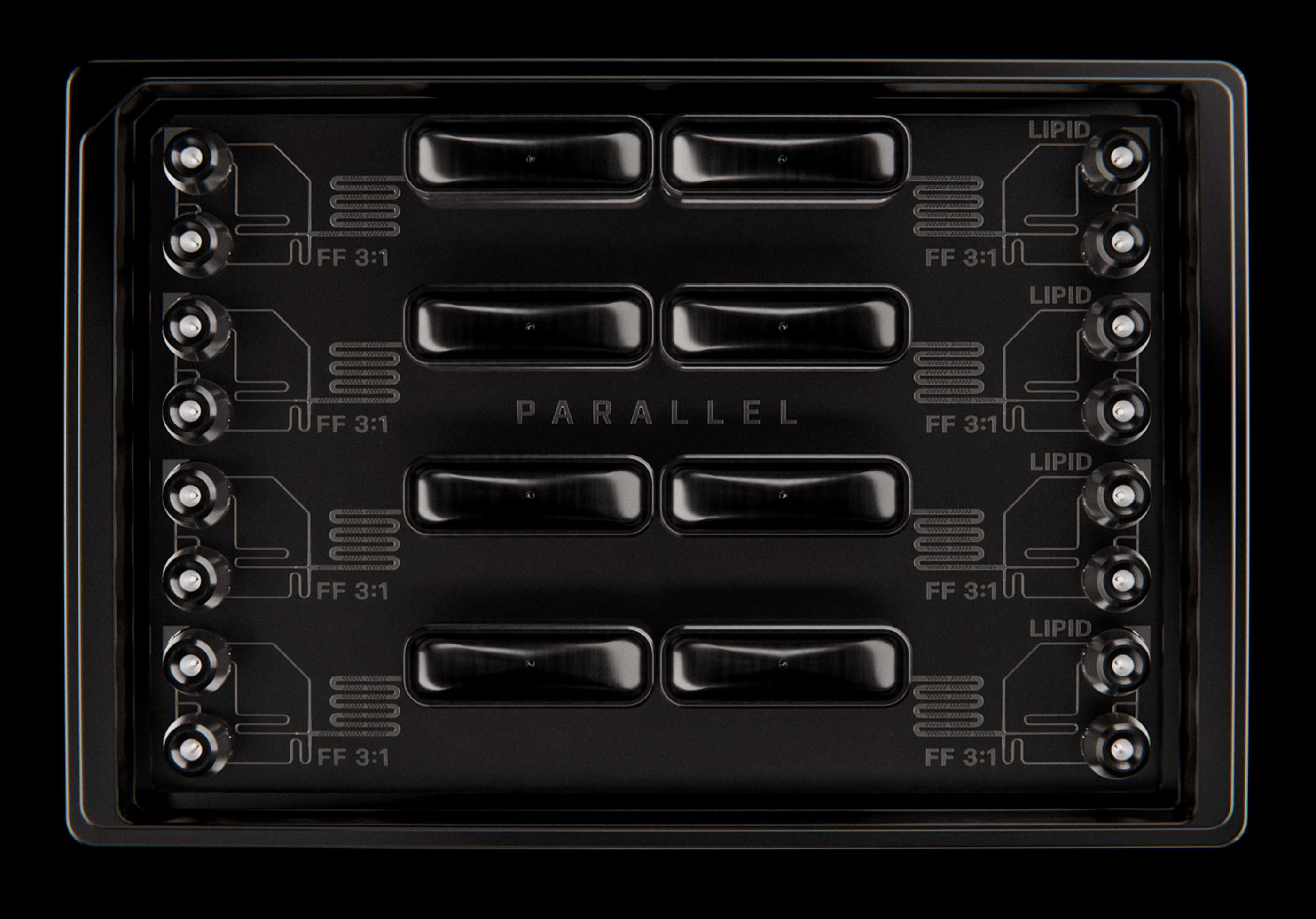 Top-down view of the Parallel Fluidics LNP Screening Array. A microplate-sized microfluidic device with eight sets of flow-focusing micromixers, all with a 3:1 flow rate ratio.