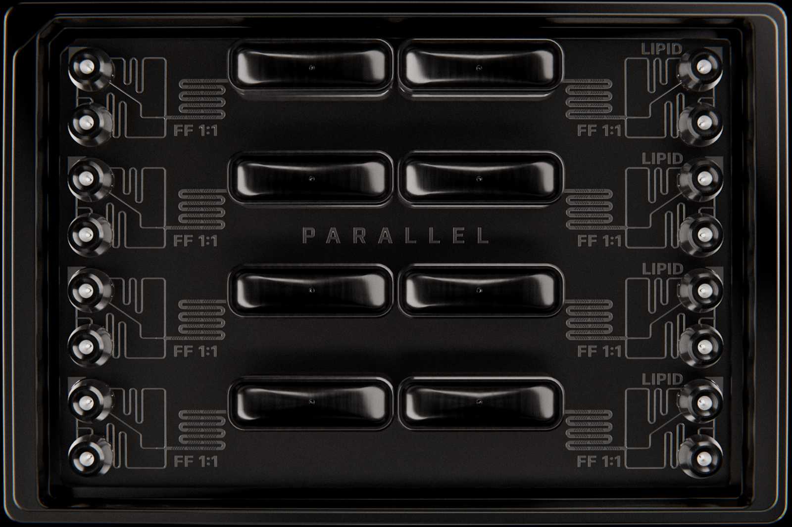 Top-down view of the Parallel Fluidics LNP Screening Array. A microplate-sized microfluidic device with eight sets of flow-focusing micromixers, all with a 1:1 flow rate ratio.