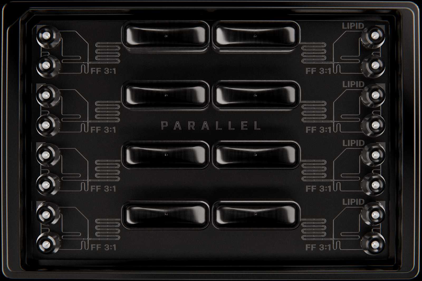 Top-down view of the Parallel Fluidics LNP Screening Array. A microplate-sized microfluidic device with eight sets of flow-focusing micromixers, all with a 3:1 flow rate ratio.