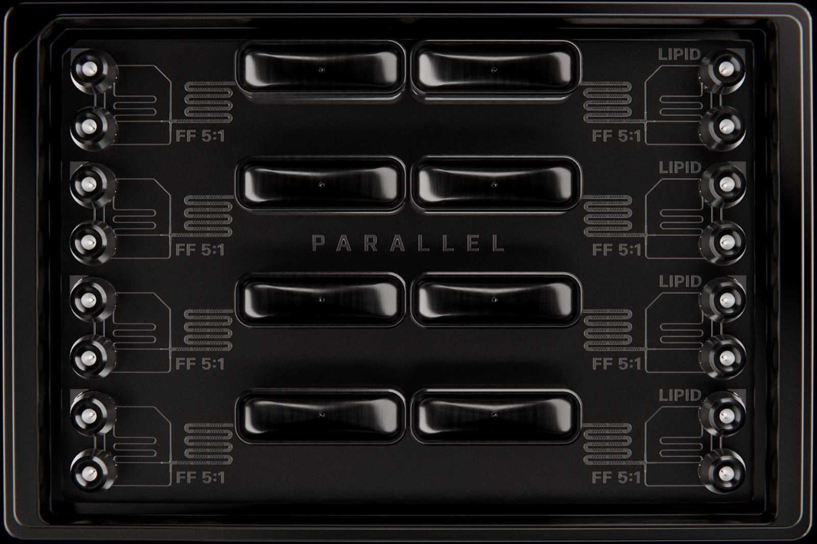 Top-down view of the Parallel Fluidics LNP Screening Array. A microplate-sized microfluidic device with eight sets of flow-focusing micromixers, all with a 5:1 flow rate ratio.