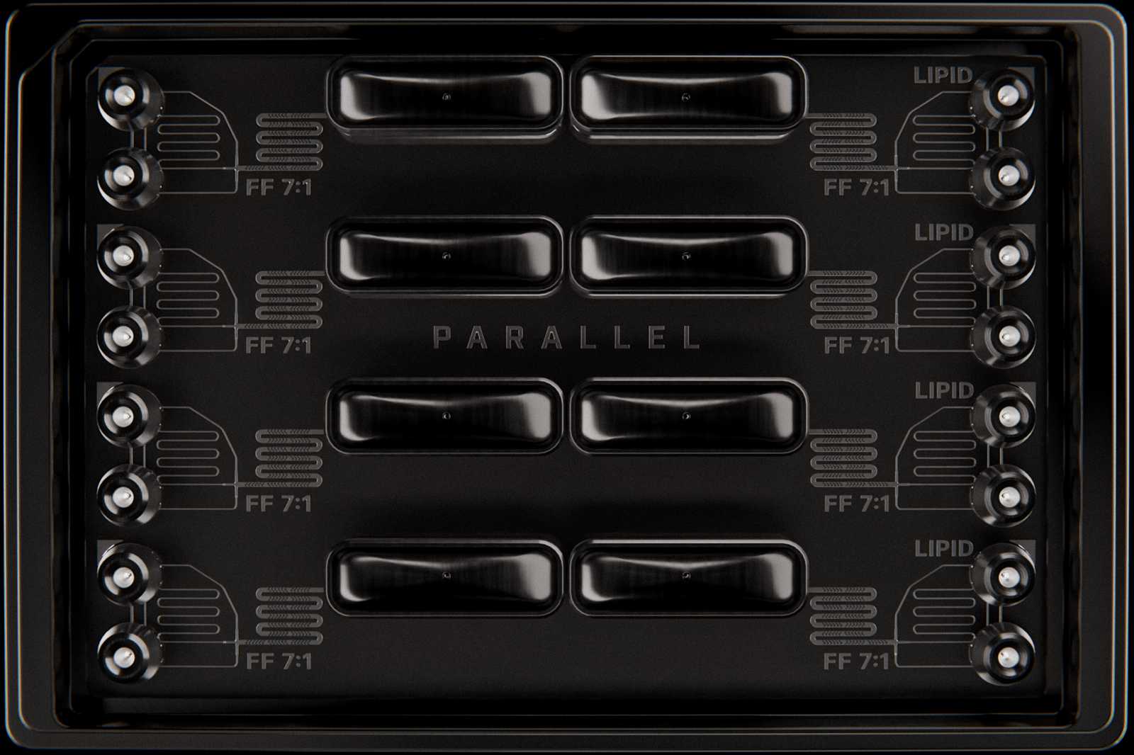 Top-down view of the Parallel Fluidics LNP Screening Array. A microplate-sized microfluidic device with eight sets of flow-focusing micromixers, all with a 7:1 flow rate ratio.