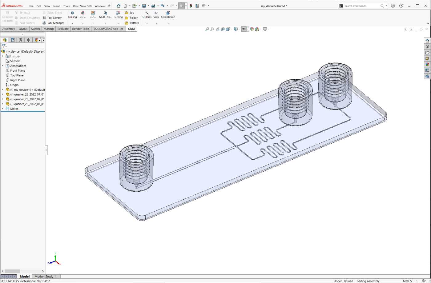 A 3D microfluidic device in SolidWorks. The device has three 1/4-28 ports and is shown in a transparent material.