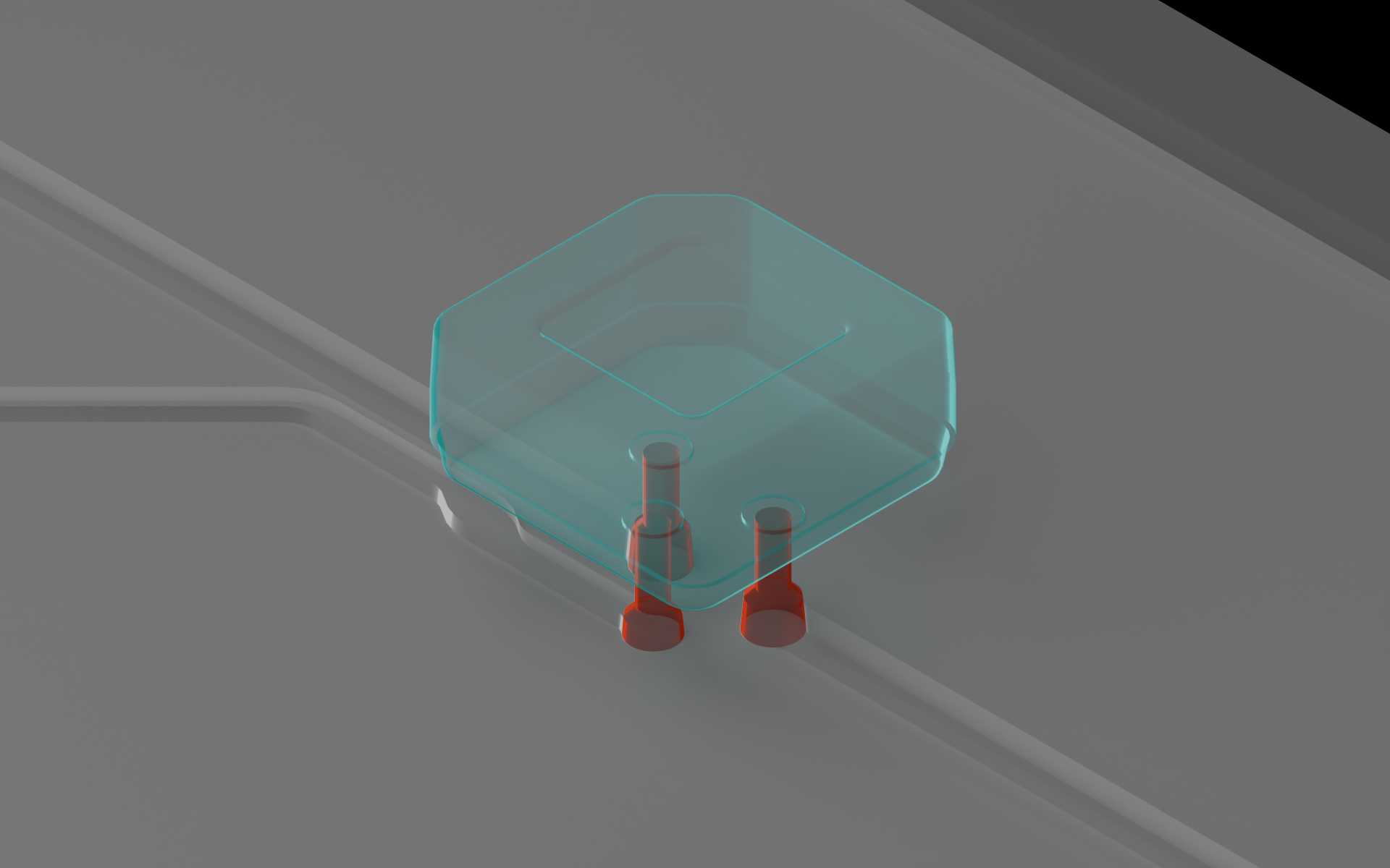 Isometric view of the MV-1 microvalve on a microfluidic device. The 3 vias underneath the MV-1 are highlighted.