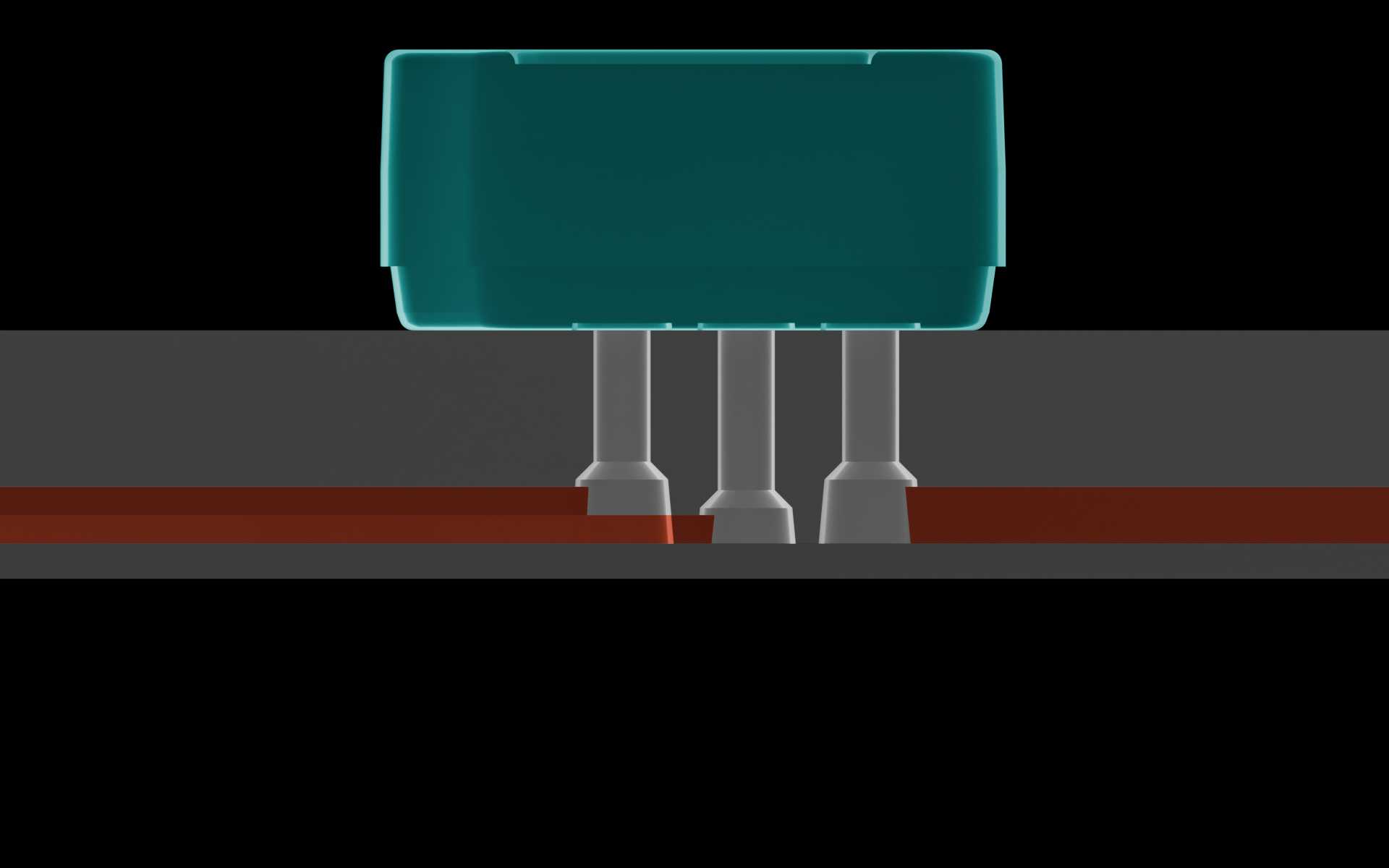 Close-up of the molded microfeatures below the MV-1 microvalve. The vertical distance between the top surface of the tallest molded microfeature and the base of the MV-1 is labeled as greater than or equal to 1.00 mm.