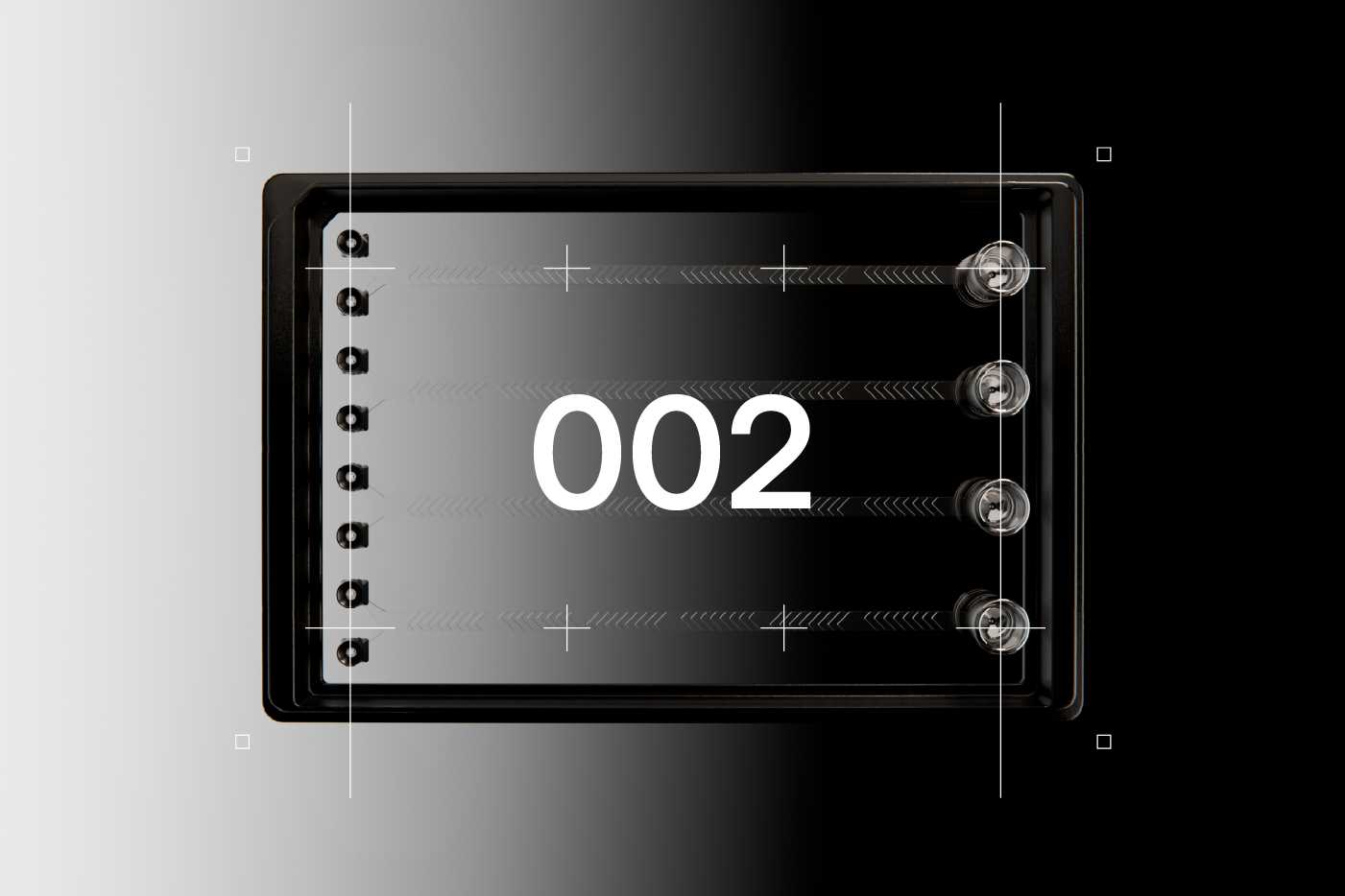 A SLAS format microfluidic device with four sets of identical channels. Each channel has two pipette interfaces on one end and a reservoir on the other end. Herringbone mixers occupy the majority of each channel’s length. Bold, graphic text at the center reads "002."