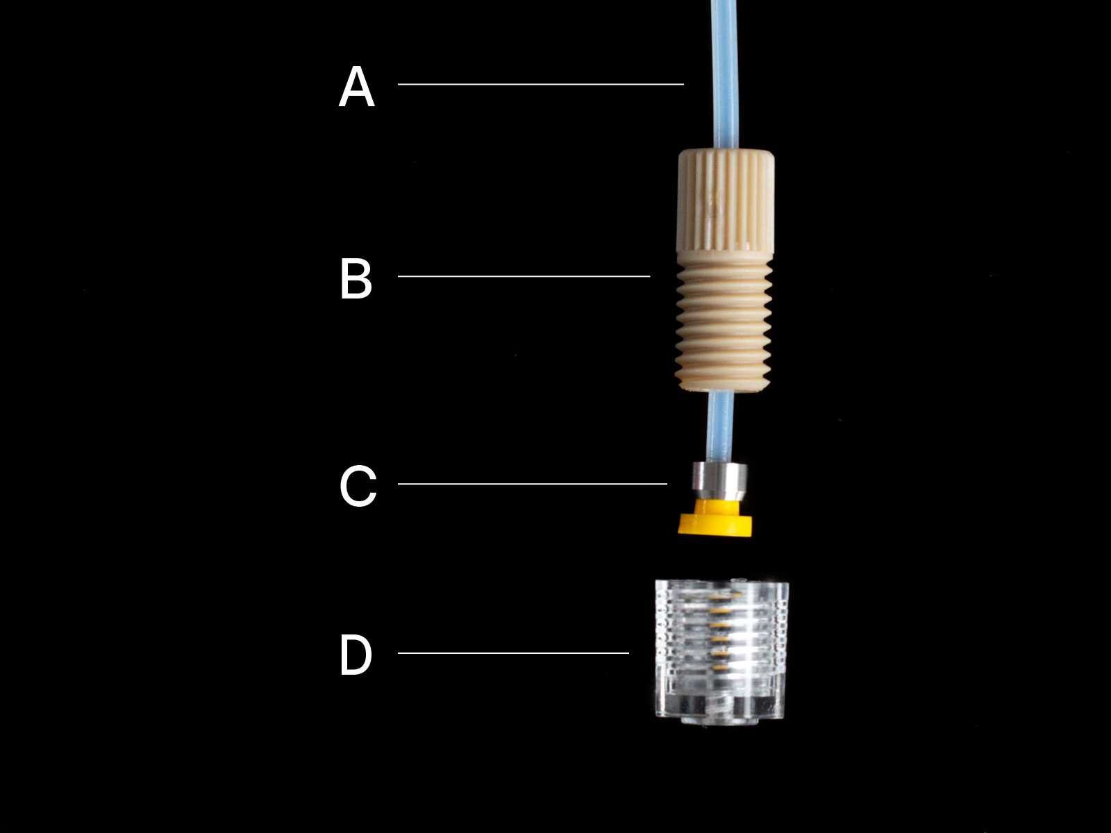Super flangeless 1/4-28 capillary tube interface, disassembled. From top to bottom: tubing - labelled A, the nut - labelled B, the ferrule - labelled C, and the port - labelled D.