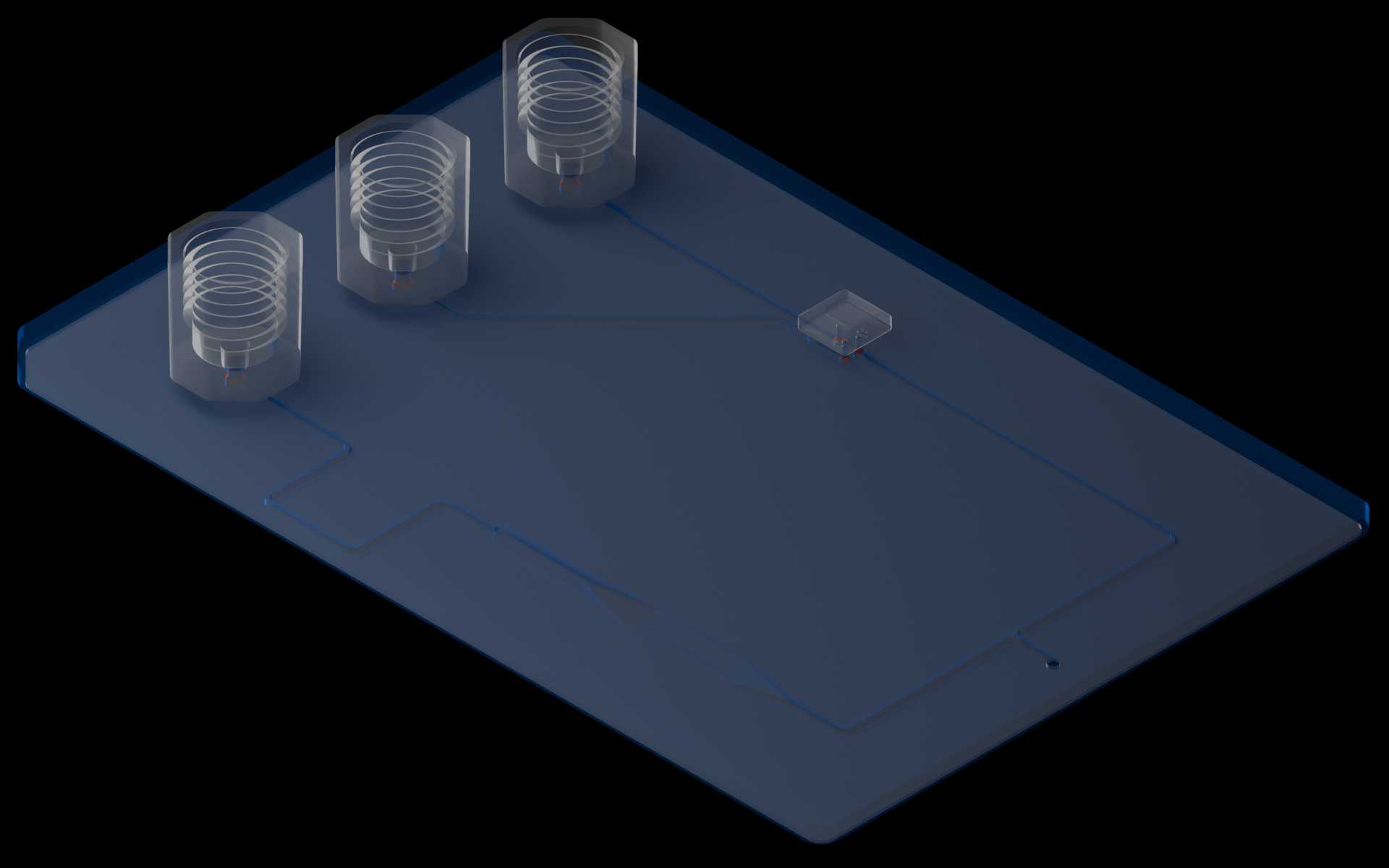 Isometric view of the reference device with all vias’ chamfer highlighted.